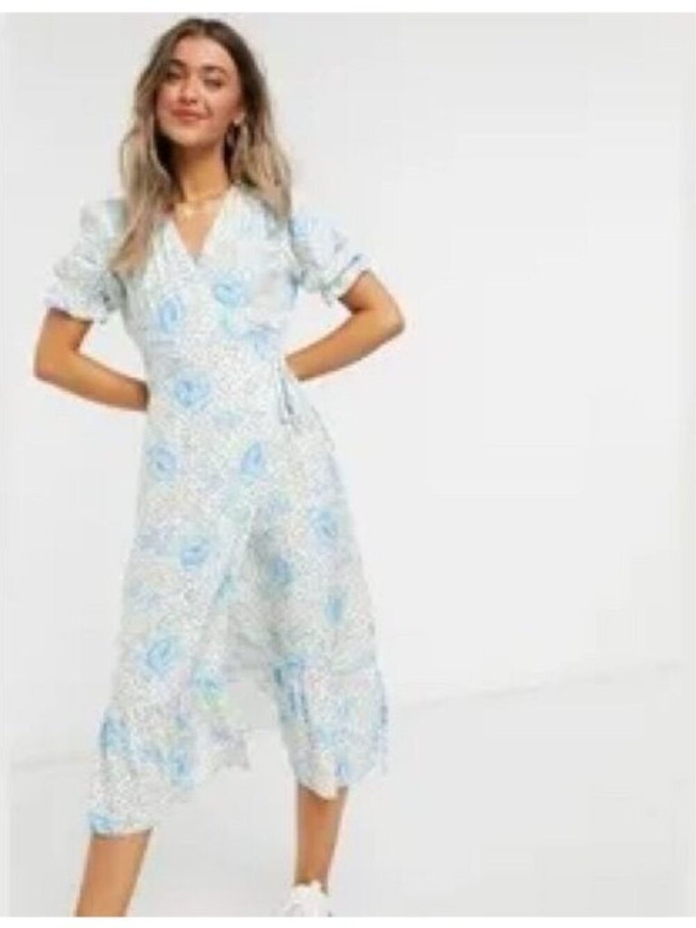 🛍 Miss Selfridge Allover Floral Print Cutout Back Wrap Midi Dress Blue Size 12
